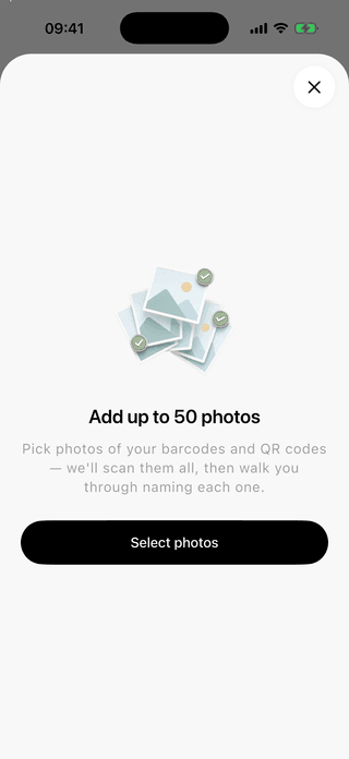 ScanKeeper bulk import screen ready to select up to 50 photos