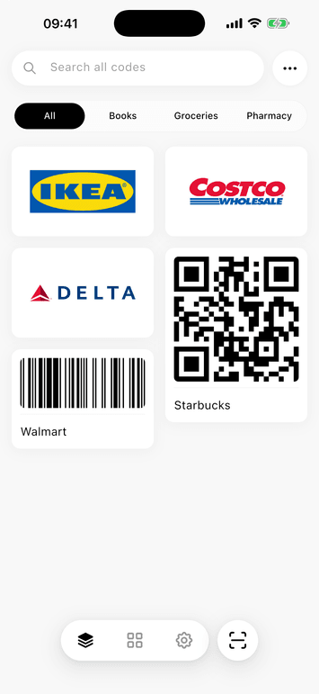 ScanKeeper-loyalitetskorttegnebog viser organiserede stregkode- og QR-kort