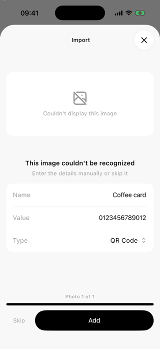 ScanKeeper bulk import review form with a card name and value filled in